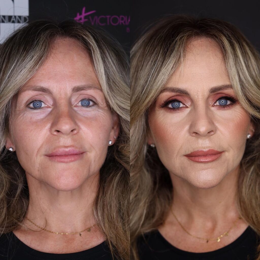 Antes y después de maquillaje profesional para evento realizado por Noa López en Madrid.