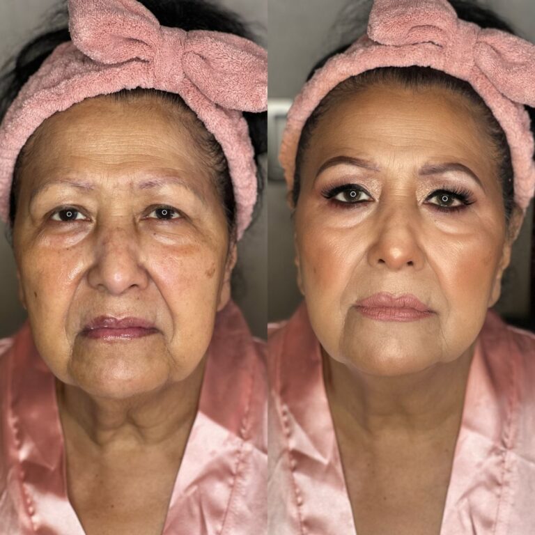Antes y después de maquillaje profesional para evento realizado por Noa López en Madrid.