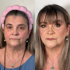 Imagen del antes y después del curso de piel madura blindada, la piel madura más resistente que existe. En el lado izquierdo vemos a una mujer sin maquillar. En la derecha, la misma mujer maquillada con la técnica del curso, con una piel impecable.