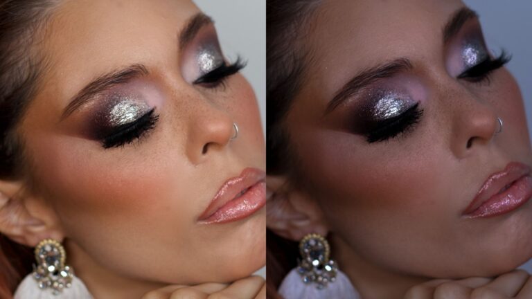 Antes y después de maquillaje profesional para el curso fotografía y vídeo para maquilladores realizado por Noa López online.