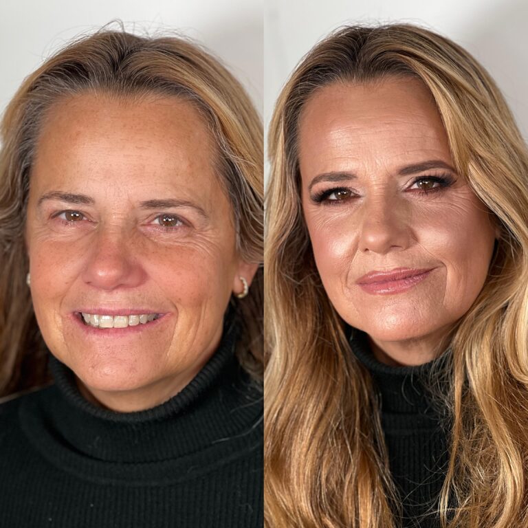 Imagen del antes y después del curso de piel madura luminosa. En el lado izquierdo vemos a una mujer sin maquillar. En la derecha, la misma mujer maquillada con la técnica del curso.