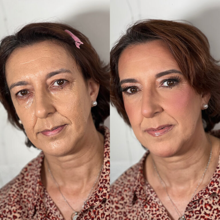 Imagen del antes y después del curso de piel madura grasa. En el lado izquierdo vemos a una mujer sin maquillar. En la derecha, la misma mujer maquillada con la técnica del curso.