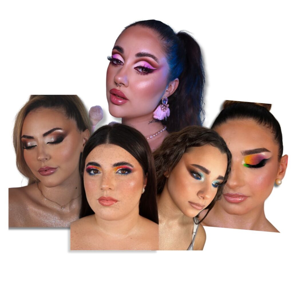 En esta imagen se ve un recopilatorio de los maquillajes del curso de ala de ángel de Noa López