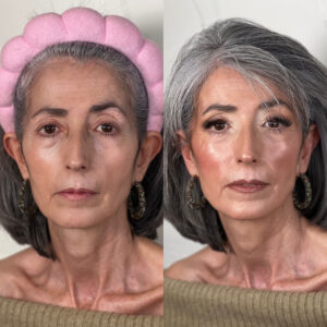 Imagen del antes y después del curso de piel madura seca y deshidratada. En el lado izquierdo vemos a una mujer sin maquillar. En la derecha, la misma mujer maquillada con la técnica del curso.