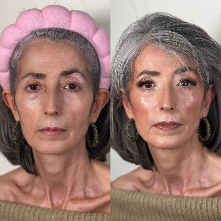 Imagen del antes y después del curso de piel madura seca y deshidratada. En el lado izquierdo vemos a una mujer sin maquillar. En la derecha, la misma mujer maquillada con la técnica del curso.