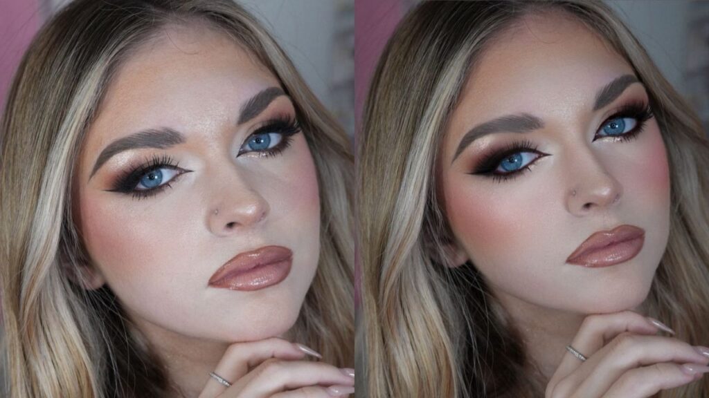 Antes y después de maquillaje profesional para el curso fotografía y vídeo para maquilladores realizado por Noa López online.