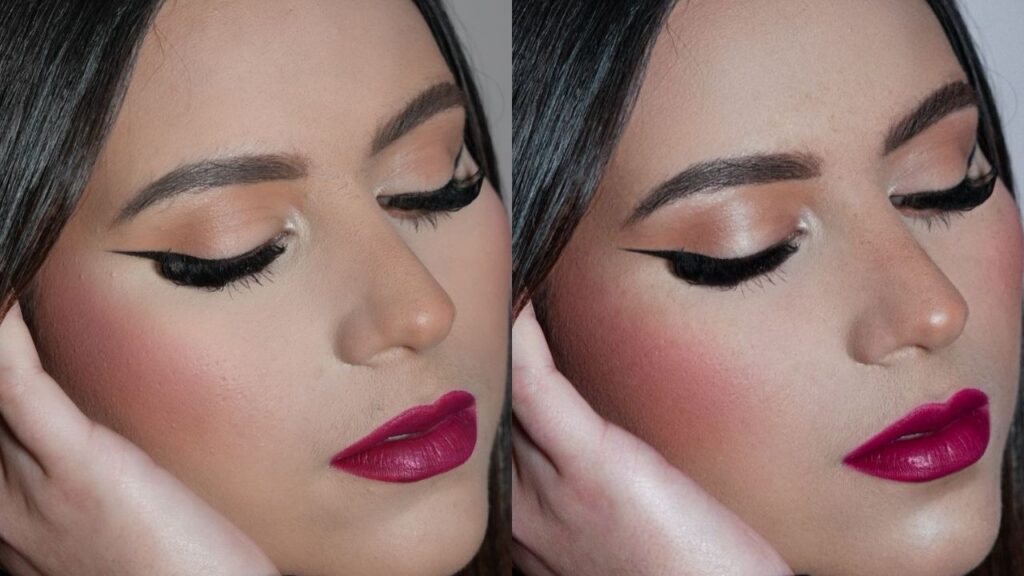 Antes y después de maquillaje profesional para el curso fotografía y vídeo para maquilladores realizado por Noa López online.