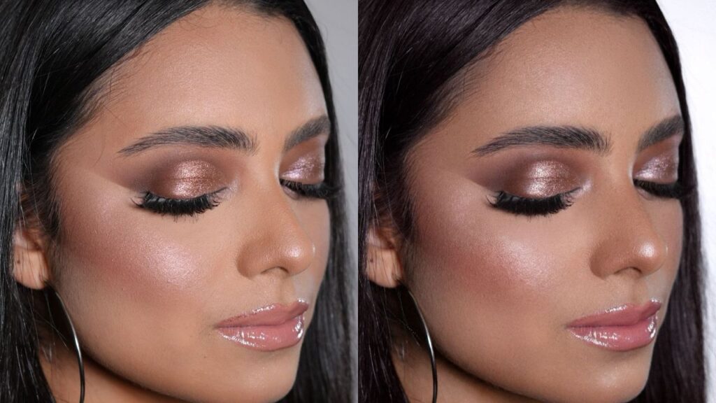 Antes y después de maquillaje profesional para el curso fotografía y vídeo para maquilladores realizado por Noa López online.